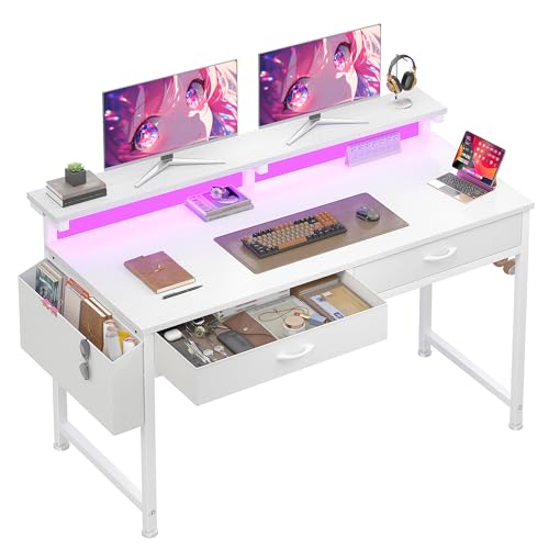 DurayLoly 47.3 Inch Computer Desk with 2 Drawers & LED Lights, Home Office Desk with Side Pocket, Gaming Desk with Monitor Stand, Study Writing Table for Small Spaces, White - color: White, size: 47.3 Inch