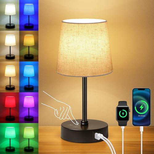 Ascher Small Bedside Table lamp, RGB Color Changing Lamps, 3 Color Temperatures, Dimmable Nightstand Lamp with USB C+A Ports, Touch Desk Lamp for Bedroom Living Room, H11.4in(Flaxen Shade) - color: Black Base & Flaxen Shade - 1 Pack, size: 11.4 inch