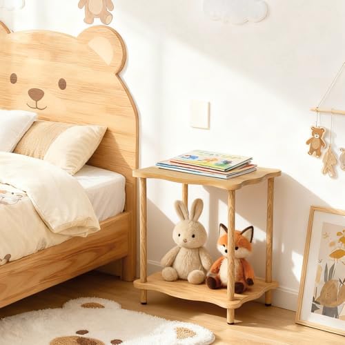 THUMEYE 2-Tier Low Side Table 17”H, Space-Saving Small Nightstand with Solid Wood Legs, Tool-Free Assembly, Suitable for Reading Chair, Bedside, Balcony, 15.7”D x11.8”W, Burlywood - color: Burlywood, size: 17”H