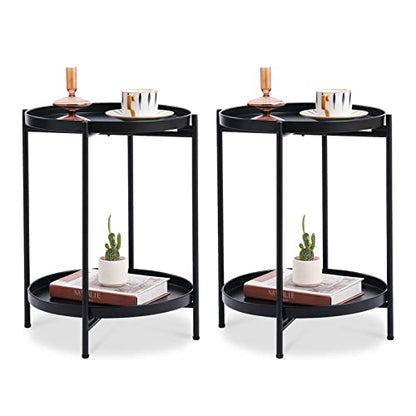 Tiita 2 Pack Round End Table Mental 2-Tier Side Table Nightstand/Small Iron Tables Accent Coffee Table for Living Room Bedroom Office Small Space - color: 2 Pack Teatable-black