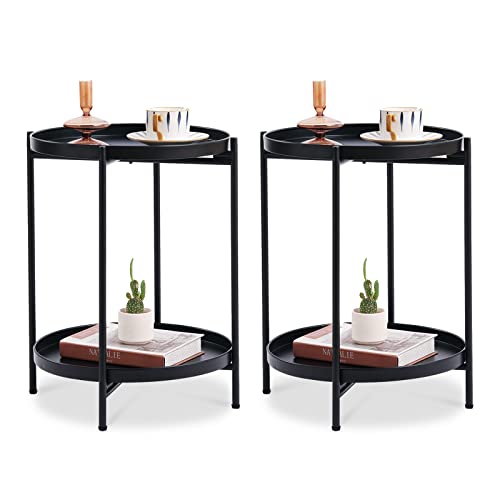 Tiita 2 Pack Round End Table Mental 2-Tier Side Table Nightstand/Small Iron Tables Accent Coffee Table for Living Room Bedroom Office Small Space - color: 2 Pack Teatable-black