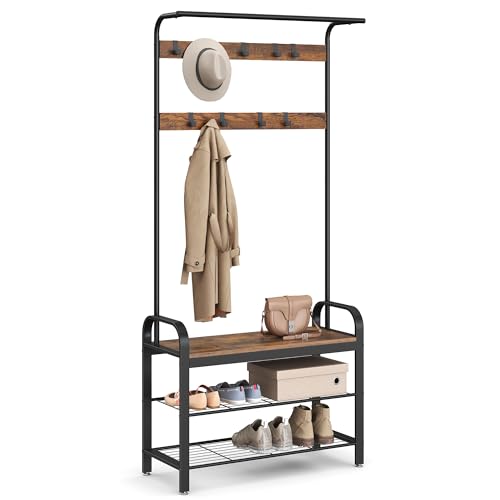 VASAGLE Coat Rack, Hall Tree with Shoe Bench for Entryway, Entryway Bench with Coat Rack, 4-in-1, with 9 Removable Hooks, a Hanging Rod, 13.3 x 33.1 x 72.1 Inches, Rustic Brown and Black UHSR400B01 - color: Rustic Brown + Black, size: 33.1"W