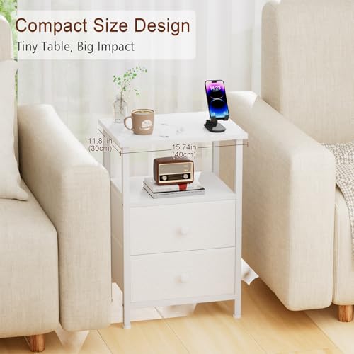 Night Stand, White Nightstands Set of 2 for Bedroom | Small Bedside Table with 2 Fabric Drawers, End Tables Living Room, Bed Side Table with Open Storage Shelf - color: White