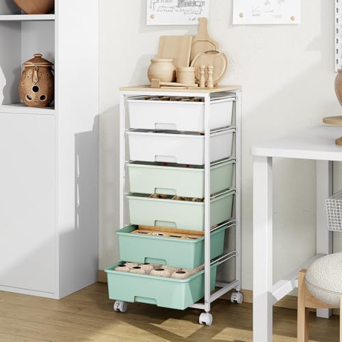 Rolling Storage Cart with 6 Drawers and Wooden Tabletop, Lockable Wheels Utility Cart for Art Studios, Office Supplies & Craft Room Organization (Green) - color: Green