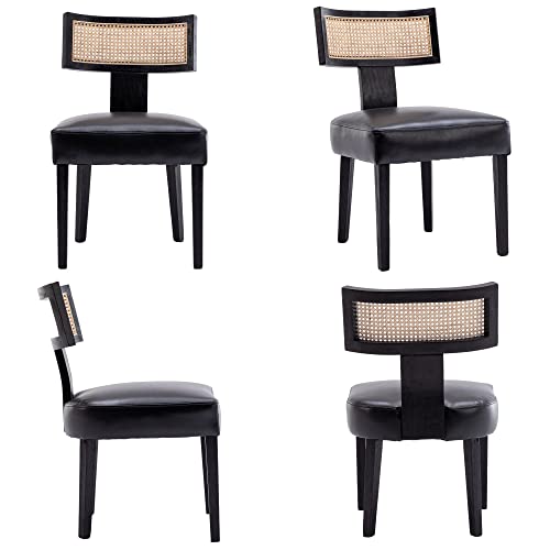 RIVOVA Rattan Dining Chairs Set of 4, Modern PU Leather Upholstered Kitchen Chairs, Wooden Dining Room Chair Farmhouse Dinner Chair, Black - color: Black Rattan