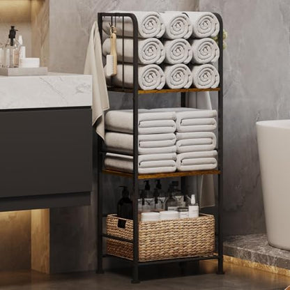 3-Tier Freestanding Cabinet Towel Rack Metal Stand | M-shaped detachable dividers, three-tier versatile storage, premium anti-rust four hooks, 70 lbs heavy duty load capacity - color: Brown