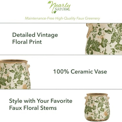 Nearly Natural 6.5 in Tuscan Ceramic Green Floral Scroll Decorative Vase | Quality Ceramic, Indoor Home Decor, Ideal for Centerpieces, Tables, Small Flower Vases