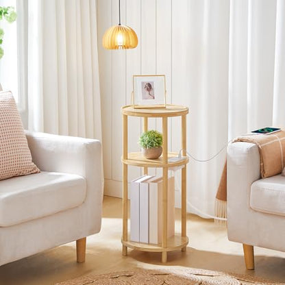 HOOBRO Set of 2 Small Round Side Tables with Charging Station, 3-Tier Round Bamboo End Tables, Easy Assembly, for Living Room, Bedroom, Apartment, Natural YL152UBZP201 - color: Natural
