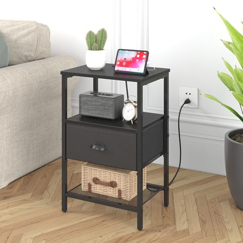 sthmec Nightstands Set of 2, Black Night Stands with Charging Station, Bedside Tables with Drawers PU Finish, 2-Tier Side Table with Open Shelf, Nightstands with Drawer,Black - color: Black, style: Power