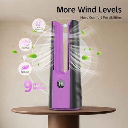 KONSIDEN Bladeless Desk Fan for Office, 13-Inch Small Quiet Desktop Fan with 9 Speeds, 60° Oscillation, 1–9H Timer and LED Display, Plug-In Bedside Fan with Adapter for Bedroom and Nightstand - color: Rose