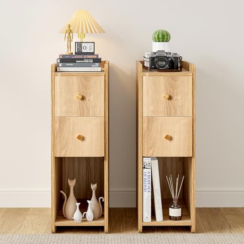 Small Nightstand Set of 2, Wood 2 Drawer Narrow Nightstand, Slim Side Table, Modern Skinny End Bedside Table, Natural Wood Night Stand with Drawers for Bedroom (Natural-2 pcs) - color: Natural-2 Pcs