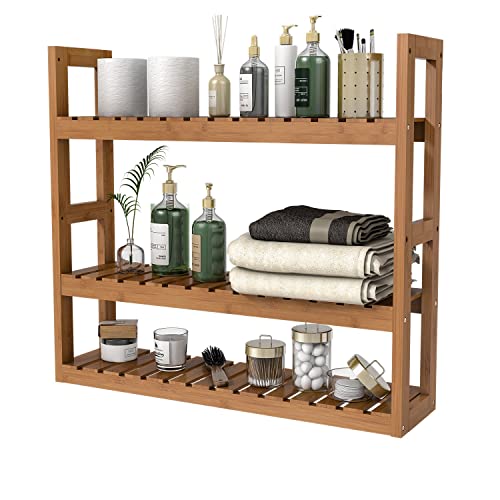 Domax Bamboo Bathroom Shelf 3-Tier Wall Mount Storage Rack Multifunctional Adjustable Layer Free Standing Over Toilet Utility Shelves Living Room Kitchen (Walnut) - color: Walnut