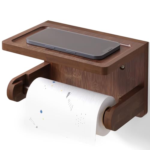 VERTORGAN Toilet Paper Holder with Phone Shelf,Bamboo Wall Mounted Tissue Roll Holder for Bathroom (Brown) - color: Brown, size: 1 PC