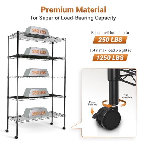 Simple Deluxe Heavy Duty 5-Tier Storage Shelving Unit, 35.83" W x 13.98" D x 61.02" H, 1250 Lbs Loading Capacity, Black - color: Black, size: 5-Tier, 36"W x 14"D x 61"H