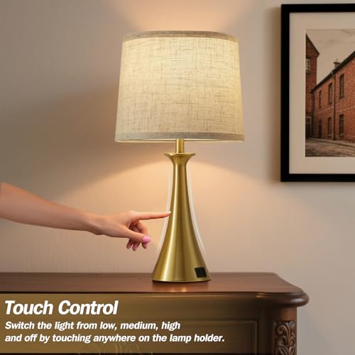 Touch Lamp for Living Room Bedroom, 21" Table Lamps Set of 2 with USB C+A Ports, Touch Bedside Lamps for Nightstand with 3 Way Dimmable, 2 LED Bulbs Included, Gold - color: Gold 2pcs