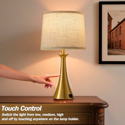 Touch Lamp for Living Room Bedroom, 21" Table Lamps Set of 2 with USB C+A Ports, Touch Bedside Lamps for Nightstand with 3 Way Dimmable, 2 LED Bulbs Included, Gold - color: Gold 2pcs