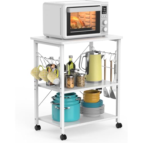 Mr IRONSTONE Microwave Cart 23.7'' for Small Space, 3-Tier Microwave Stand Coffee Cart Rolling Kitchen Utility cart on Wheels, White - color: White