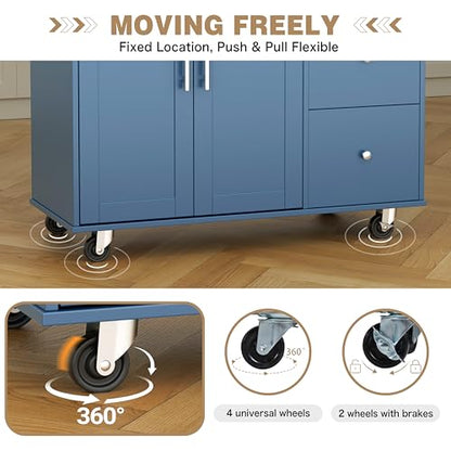 Shintenchi Kitchen Island with Folding Drop Leaf, Rolling Island Table with Storage, Kitchen Cabinet on Wheels with Seating Area for Kitchen, Bar Cart with Cabinet, Blue - color: Blue