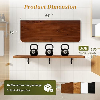 Dogsky 48" x 16" Floating Wall Desk, Fold Down Wall Table - 300 lbs Heavy Duty Solid Pine Wall Mount Folding Desk for Home Office, Laundry Room, Kitchen & Small Apartment, Walnut - color: Walnut, size: 48'' x 15.7'' x 8.3''