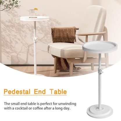 Small Side Table, Drink Table, Height Adjustable Round End Table, Pedestal Side Table for Small Spaces in Living Room, Bedroom, White - color: White