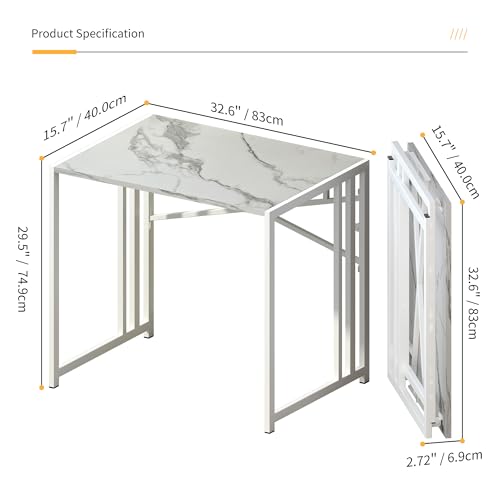 Lutown-Teen 32 inch Folding Small Desk, Writing Gaming Computer Camping Desk for Small Spaces, No Assembly Required Home Office Desk, White Marble - color: White Marble, size: 32 Inch