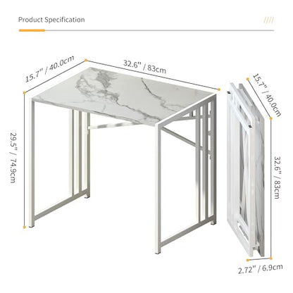 Lutown-Teen 32 inch Folding Small Desk, Writing Gaming Computer Camping Desk for Small Spaces, No Assembly Required Home Office Desk, White Marble - color: White Marble, size: 32 Inch