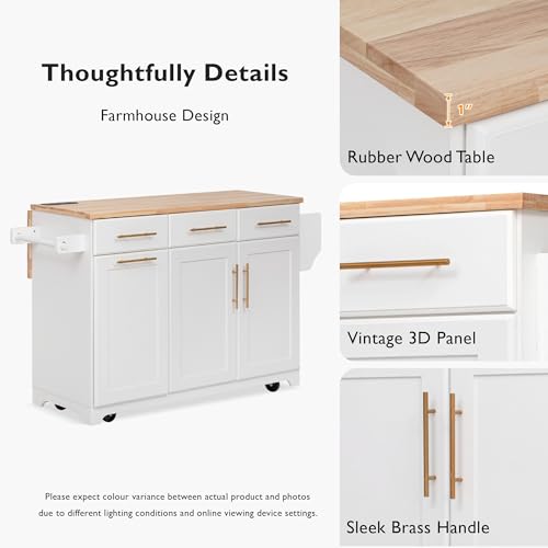 60" Kitchen Island with Trash Can Storage Cabinet and Power Outlet | Rolling Kitchen Cart on Wheels with Rubber Wood Drop Leaf Top, Spice Rack, Towel Rack and Adjustable Shelf, White - color: White