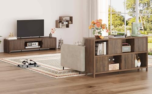 TV Stand with Storage and 8 Cube Bookshelf with 4 Doors for Living Room Bedroom (Dark Walnut)