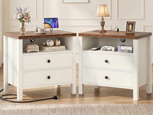 Aheaplus Nightstand with Charging Station, 23.6'' Large Bed Side Table with Wooden 2 Drawers, Night Stand for Bedroom, End Table with Open Storage Shelf for Living Room, Set of 2, White & Brown - color: White & Brown