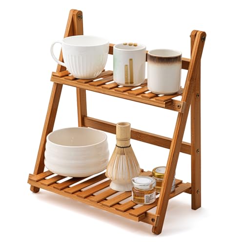 Yalikop Matcha Station Shelf, 11.8'' Coffee Station Organizer, 2 Tiers Bamboo Mug Holder Countertop, Desktop Flower Pot Rack for Home Living Room Window Sill Foldable Display Storage Shelf(Brown) - color: Brown, size: 11.8''
