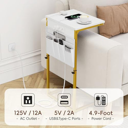 Vagusicc C-Shaped End Table with Charging Station, Small Side Table for Couch, 33" Tall C Table Adjustable Height Side Table, Couch Tables that Slide Under, Sofa Table TV Tray for Living Room, Golden - color: 1pc Golden