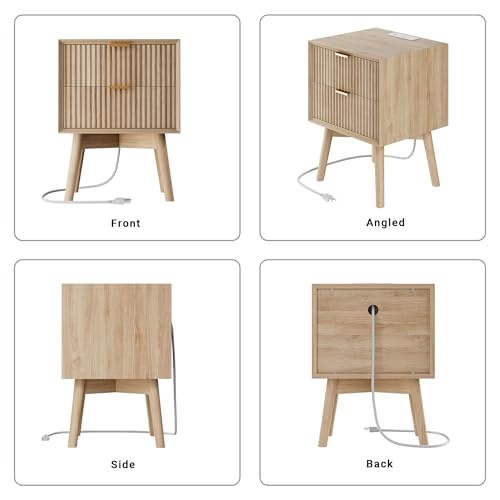 Fluted Nightstand Set of 2 with Charging & Beveled Edge, Natural | 18in Wide, FSC-Certified MDF, Solid Wood Legs, 2 Drawer, Metal Handle, Modern, Bedroom, Night Stand, Bedside Table, End Table - color: Natural Oak - Beveled Drawer, size: 18"W