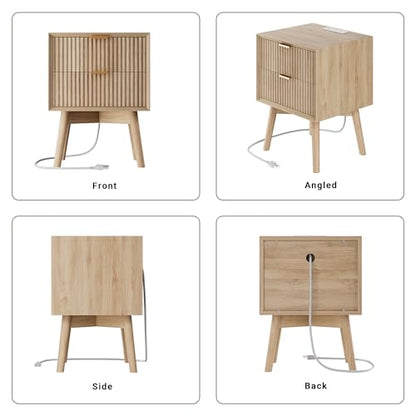 Fluted Nightstand Set of 2 with Charging & Beveled Edge, Natural | 18in Wide, FSC-Certified MDF, Solid Wood Legs, 2 Drawer, Metal Handle, Modern, Bedroom, Night Stand, Bedside Table, End Table - color: Natural Oak - Beveled Drawer, size: 18"W
