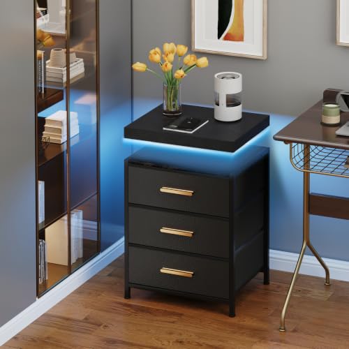 DreamDashio Night Stand with APP Control LED Lights, 3 Fabric Storage Drawers with PU Finish, Floating Top Design, Bedside Table with Open Shelf, End Table for Bedroom, Living Room, Office (Black) - color: Black