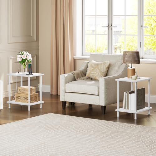 HOOBRO Side Table with Charging Station, Set of 2 End Tables with USB Port and Outlets, Nightstand with 2-Layer Storage Shelves for Small Spaces, Living Room, Bedroom, White WW09UBZP201 - color: White