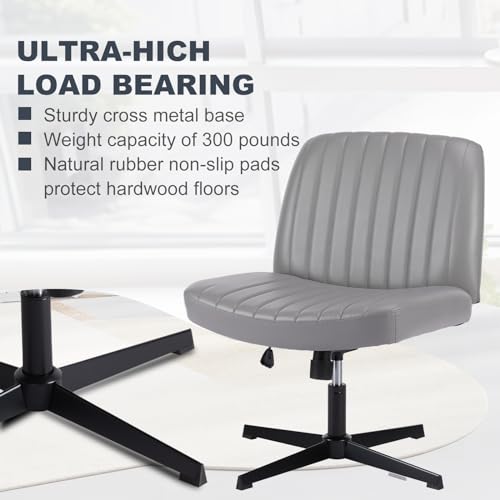 OLIXIS Criss Cross Chair, Vanity Chair, Home Office Desk | Armless No Wheels Wide Seat, Height Adjustable Swivel, Faux Leather, Bedroom Student Study, Grey Dual Base - color: Grey Dual Base