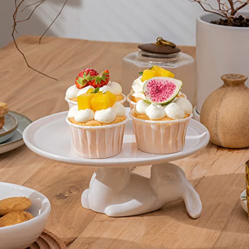 Pedestal Cake Stand, White Ceramic Bunny Plate for Easter,Fits 6-8 In Cakes | Cute Rabbit Dessert Stand Plate for Easter Eggs, Cupcakes, Cookies Fruit, Bunny Decor for Easter Parties and Festivals 8.3 In