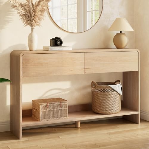 AMERLIFE 55" Modern Entryway Console Table with 2 Storage Drawers | Open Bottom Shelf, Wood Grain Finish, Rounded Edges, Long Sofa Table, Behind Couch, Hallway, Foyer, Living Room, Natural Oak - color: Natural Oak - Flat Panel, size: 55"