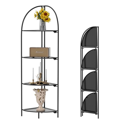 Crofy 4-Tier Foldable Corner Shelf, Metal Black Frame & Shelves | Corner Plant Stand, Corner Display Rack, Multipurpose Shelving Unit for Living Room, Bedroom and Bathroom - color: Black Frame & Black Shelf, size: 4 Tier