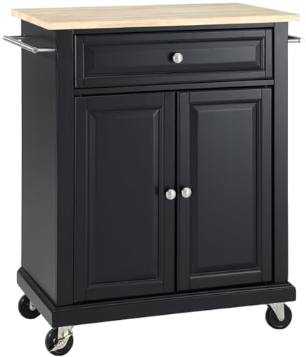 Crosley Furniture Compact Wood Top Small Rolling Cart with Shelves, Microwave Stand with Towel Rack, Black - color: Black, style: Natural Wood Top