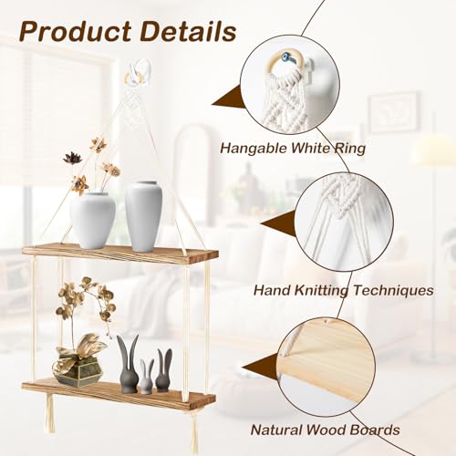 Macrame Wall Hanging Shelf, Handmade Cotton Rope Rustic Wood Shelve | Hand-Woven Cotton Rope & Natural Wood Hold 20 lbs. 2 Acrylic Hooks Included. Boho Charm for Displaying Plants & Collectibles