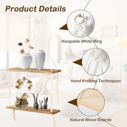 Macrame Wall Hanging Shelf, Handmade Cotton Rope Rustic Wood Shelve | Hand-Woven Cotton Rope & Natural Wood Hold 20 lbs. 2 Acrylic Hooks Included. Boho Charm for Displaying Plants & Collectibles