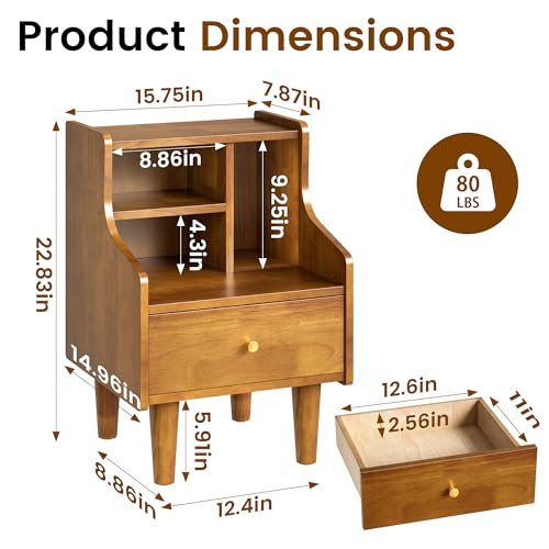 Solid Wood Nightstand with Drawers, Bookshelf Nightstand, Mid Century Modern Nightstands, Small Wood Night Stand with Open Shelf, Wooden End Side Table with Storage for Bedroom, Living Room (Walnut) - style: Bookshelf Nightstand