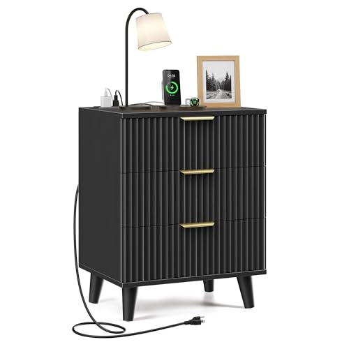 Black Nightstand, 20 inch Fluted Modern Night Stand with Charging Station, Wooden Side Table with 3 Large Storage Drawers Modern Wood Bedside End Table for Bedroom Sofa Office - color: Black, size: 1pcs