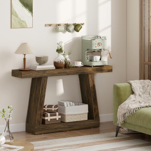 HOMCOM 55.1" Narrow Entryway Table with Thickened Tabletop Rustic Brown | 2-Tier Farmhouse Console Table, Storage Shelf, Trapezoidal Base, for Behind Couch Sofa, Living Room, Hallway, Entrance - size: 55.1" W