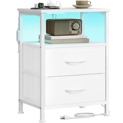 SONGMICS BELLAH Collection - Nightstand with Charging Station and App-Controlled Adjustable LED Lights, Bed Side Table, 2 Drawers and 1 Open Shelf, Modern, Cloud White and Snow White ULGS302WH01S - color: Cloud White + Snow White, size: 2 Drawers