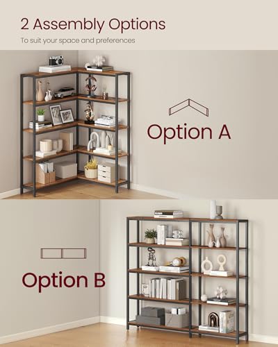 VASAGLE 5 Tier Bookshelf with Metal Frame, Convertible Industrial Corner Shelf, 9.4 x 52.8 x 55.9 Inches, for Living Room, Bedroom, Home Office, Rustic Brown and Ink Black ULLS815KD01 - size: 5 Tiers (52.8"W)