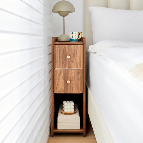 Narrow End Table Bedroom, Wooden Small 2 Drawer Nightstand, Thin Couch Side End Table, Skinny Bedside Table Small Spaces, Mid Century Modern Night Stand with Drawers (Walnut-1 pc) - color: Walnut-1 Pc