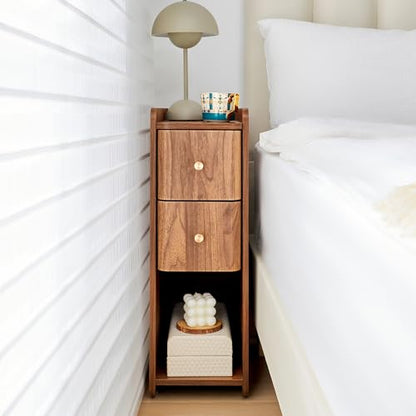 Narrow Nightstand Set of 2, Wooden Small 2 Drawer Nightstand, Slim Side End Table, Skinny Bedside Table, Mid Century Modern Night Stand with Drawers, for Bedroom (Walnut-2pcs) - color: Walnut-2 Pcs
