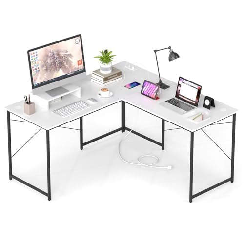 Giantex L Shaped Computer Desk, 59 Inch Reversible Corner Desk with Power Outlet and USB Ports & Monitor Stand, Wooden Writing Desk Gaming Table for Home Office Room Small Space (White) - color: White